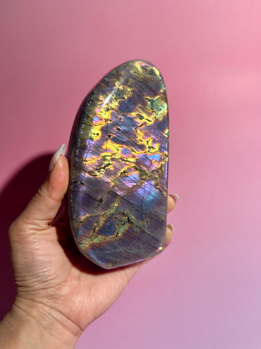 Large Oil Slick Yellow and Purple Flash Labradorite Standing  Freeform – Option Q