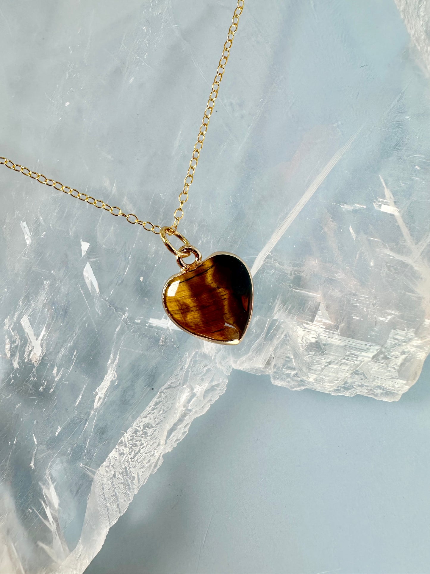 Brass Base with 18K Gold Tone Electroplated Finish Tiger’s Eye Heart Necklace