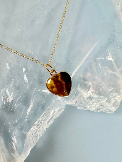 Brass Base with 18K Gold Tone Electroplated Finish Tiger’s Eye Heart Necklace