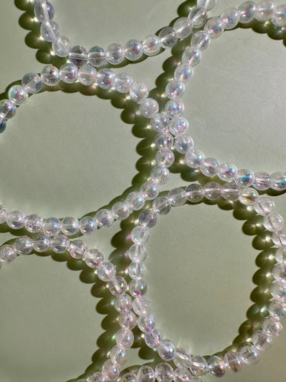 6mm Angel Aura Clear Quartz Beaded Bracelet | Iridescent Crystal Jewelry
