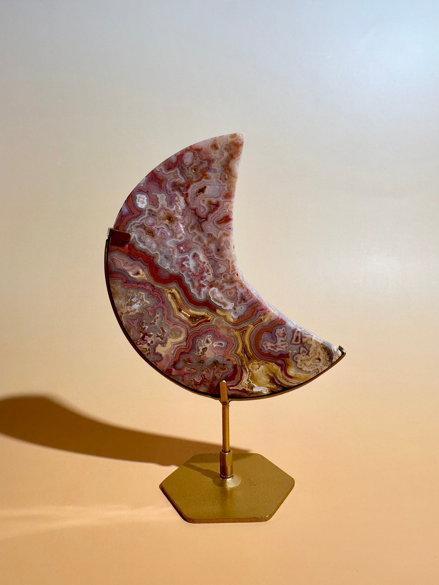 Pink Crazy Lace Agate Crescent Moon Carving – Option B | Positivity & Heart Healing Energy