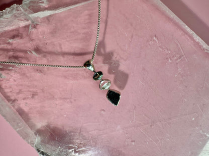 925 Sterling Silver Rough Black Tourmaline, Herkimer Diamond & Faceted Peridot Three-Stone Bezel Necklace