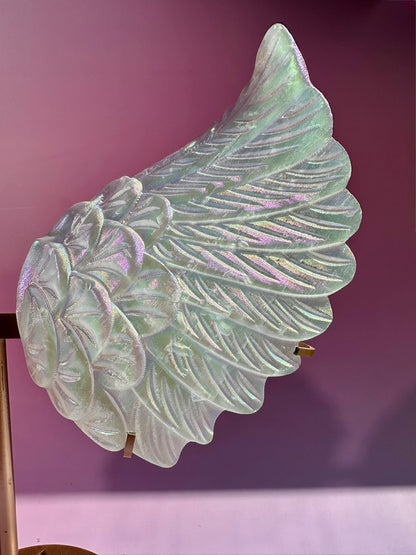 Large Aura Satin Spar (Selenite) Angel Wing Pair on Gold Stand | Statement Angelic & Cleansing Energy