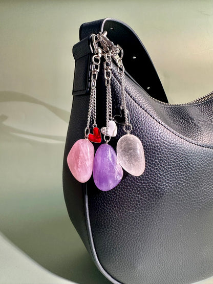 Amethyst Tumble Keychain with Enamel Heart Charm