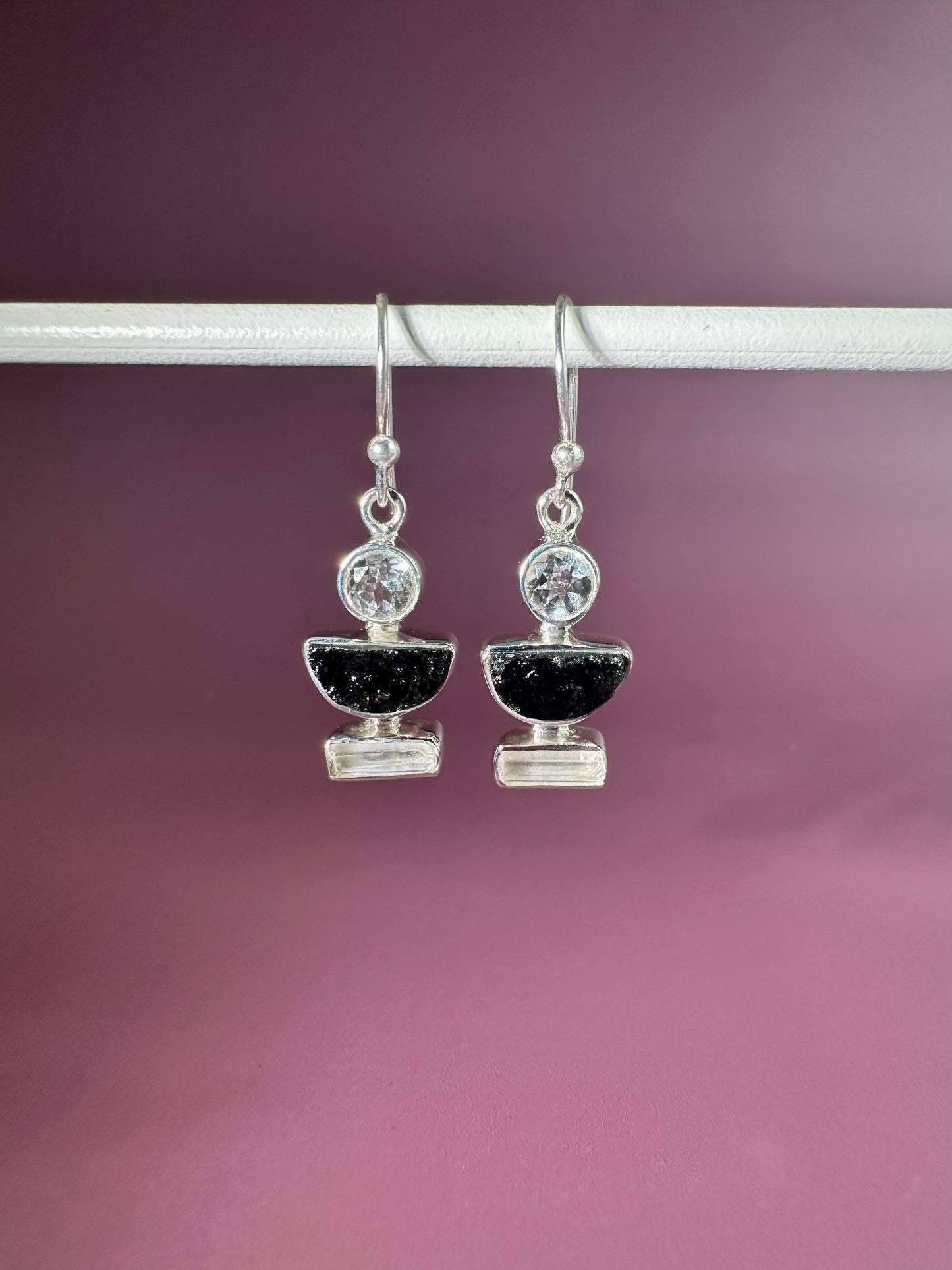 925 Sterling Silver White Topaz and Black Tourmaline Dangle Earrings