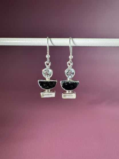 925 Sterling Silver White Topaz and Black Tourmaline Dangle Earrings