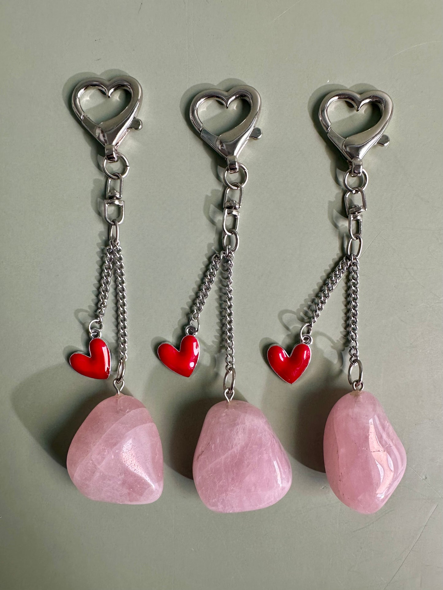 Rose Quartz Tumble Keychain with Enamel Heart Charm