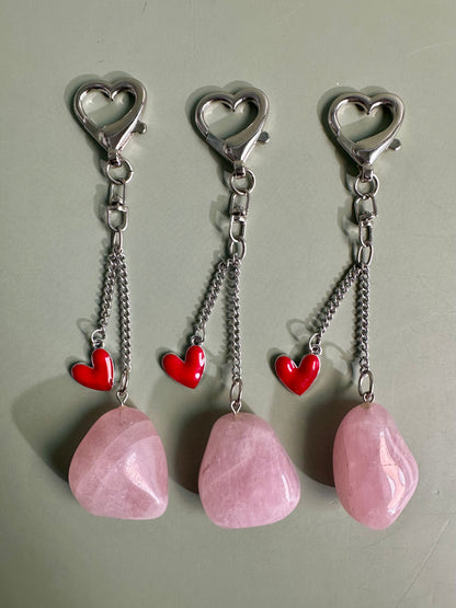 Rose Quartz Tumble Keychain with Enamel Heart Charm