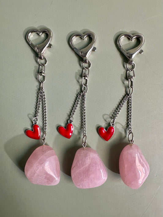 Rose Quartz Tumble Keychain with Enamel Heart Charm