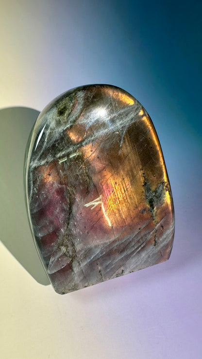 Large Orange Flash Labradorite Standing Freeform – Option I