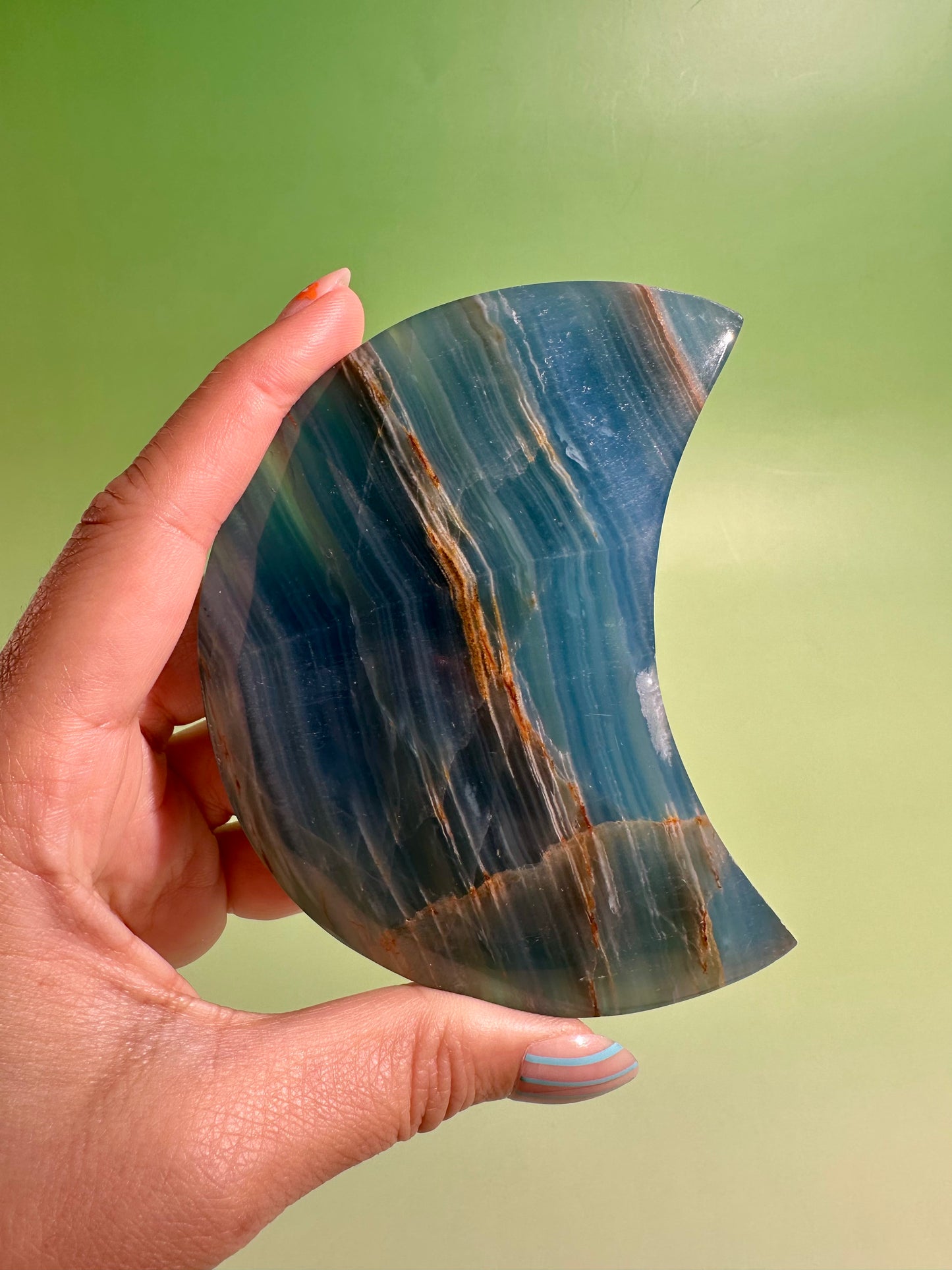Blue Onyx Crescent Moon on Black Stand – Option A | Calm, Strength & Intuition Energy