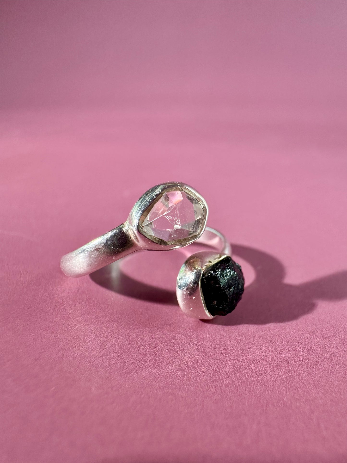 925 Sterling Silver Alma Toi et Moi Two-Stone Adjustable Rough Black Tourmaline & Herkimer Diamond Bezel Ring