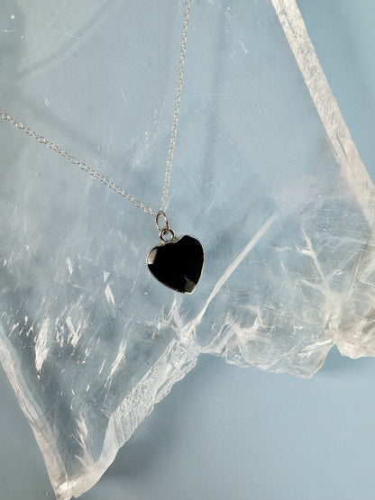 Brass Base with Silver Electroplated Finish Obsidian Heart Necklace