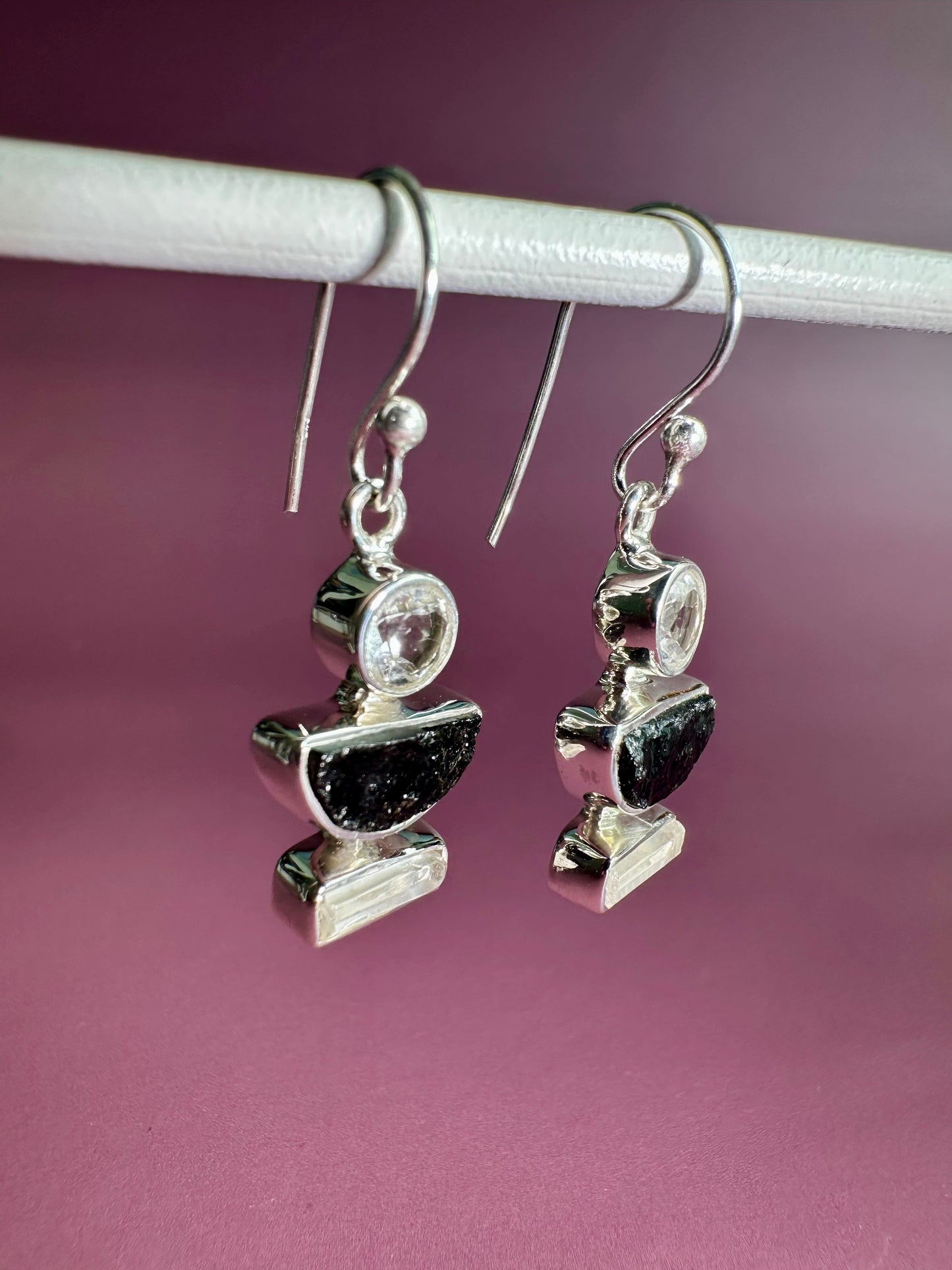 925 Sterling Silver White Topaz and Black Tourmaline Dangle Earrings