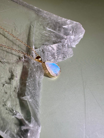 925 Sterling Silver 18K Yellow Gold Vermeil Faceted Rainbow Moonstone Pear Bezel Necklace