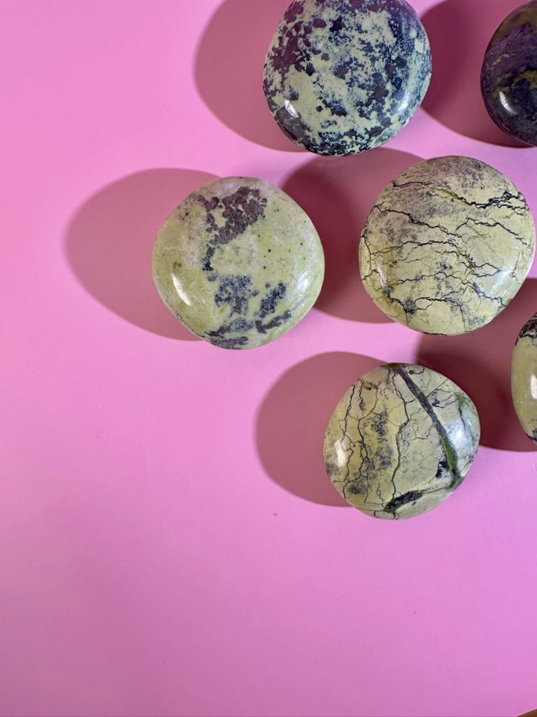 Peruvian Serpentine with Pyrite Round Palm Stone