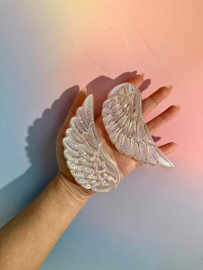 Medium Aura Satin Spar (Selenite) Angel Wing Pair on Gold Stand | Peace & Angelic Energy