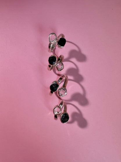925 Sterling Silver Alma Toi et Moi Two-Stone Adjustable Rough Black Tourmaline & Herkimer Diamond Bezel Ring