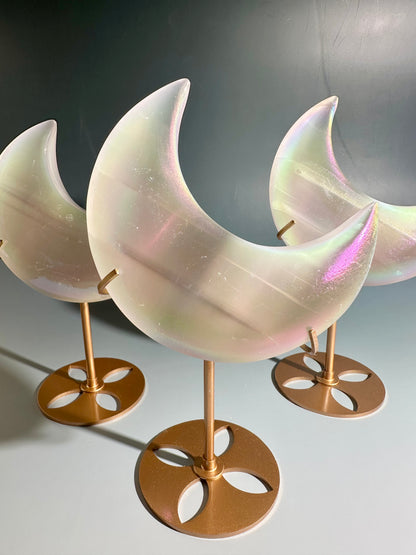 Aura Satin Spar (Selenite) Crescent Moon on Gold Stand | Peace, Lunar Energy & Spiritual Cleansing