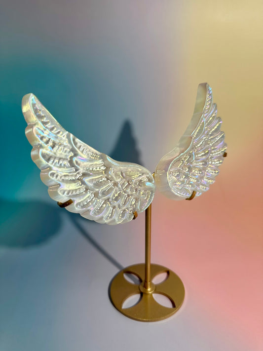 Aura Satin Spar Angel Wing Pair on Gold Stand