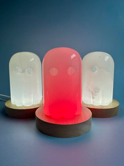 Hand-Carved Onyx Ghost Carving with Wooden Lamp Base – LED Color-Changing Light