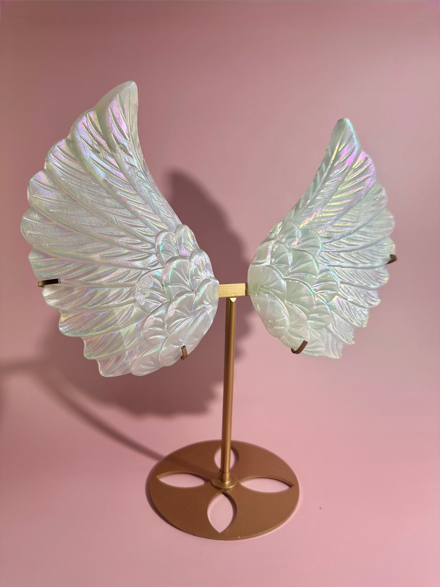 Perfectly Imperfect Large Aura Satin Spar (Selenite) Angel Wing Pair on Gold Stand Misfit | Repaired Misfit Collector Piece