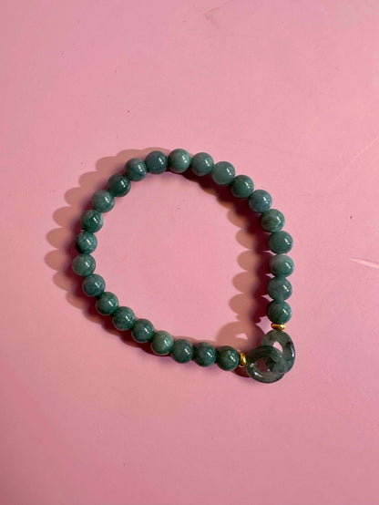 6mm Blue Water Jade Beaded Bracelet with Gold Accent Beads & Double Ring