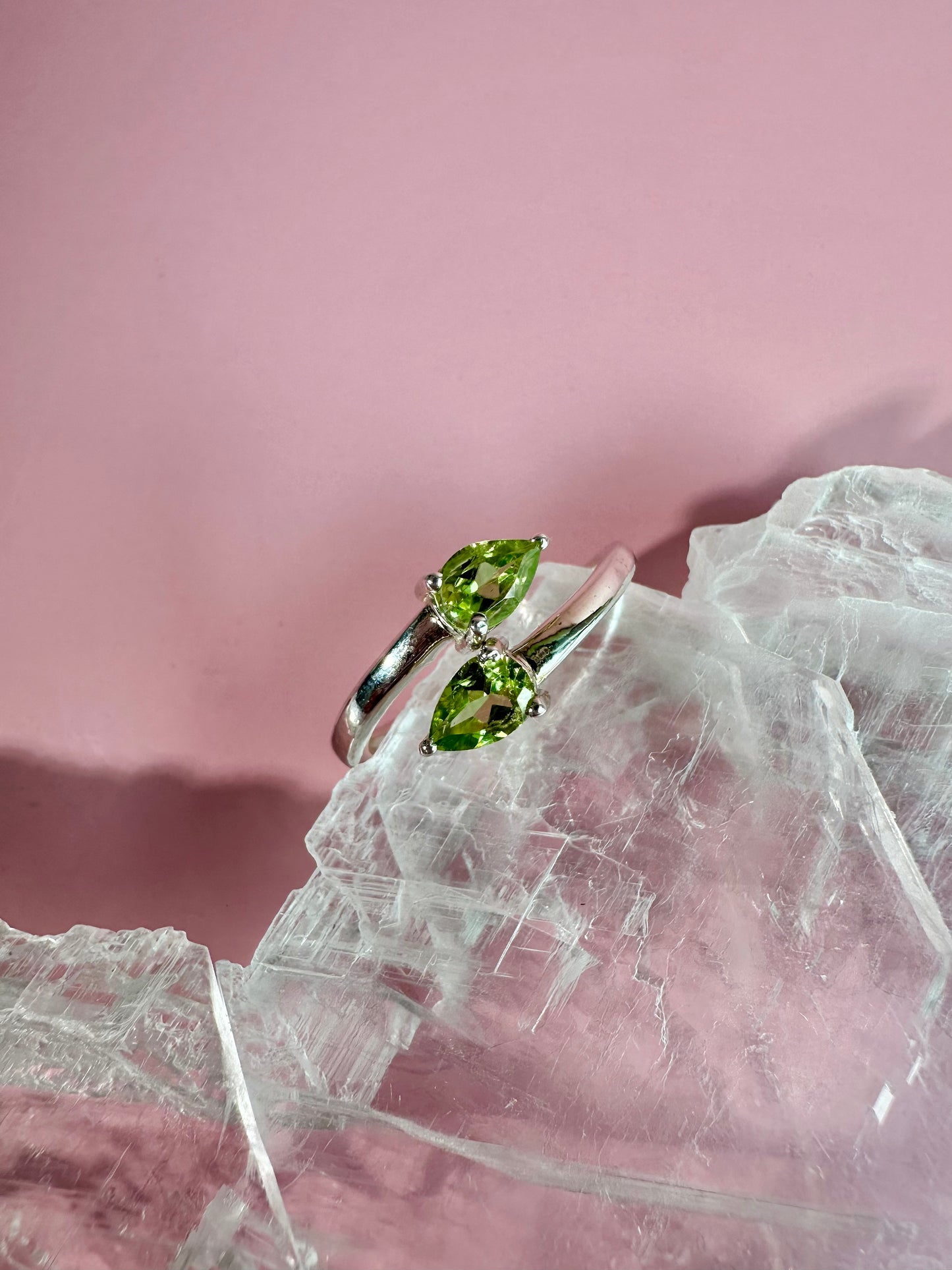 925 Sterling Silver Alma Toi et Moi Two-Stone Adjustable Faceted Peridot Prong Ring