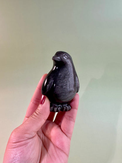 Silver Sheen Obsidian Penguin Carving