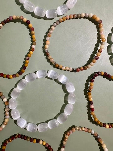 Bracelet Bundle Set: “Golden Prairie" - Satin Spar (Selenite), Yellow Crazy Lace Agate, Mookaite Jasper