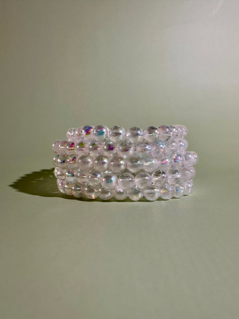 6mm Angel Aura Clear Quartz Beaded Bracelet | Iridescent Crystal Jewelry