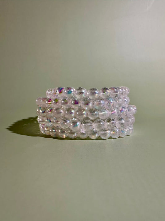 6mm Angel Aura Clear Quartz Beaded Bracelet | Iridescent Crystal Jewelry