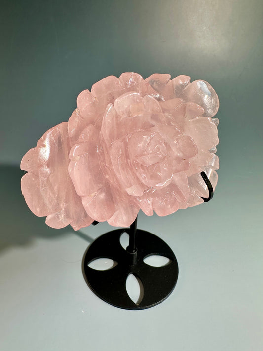 Rose Quartz Flower Carving on Stand