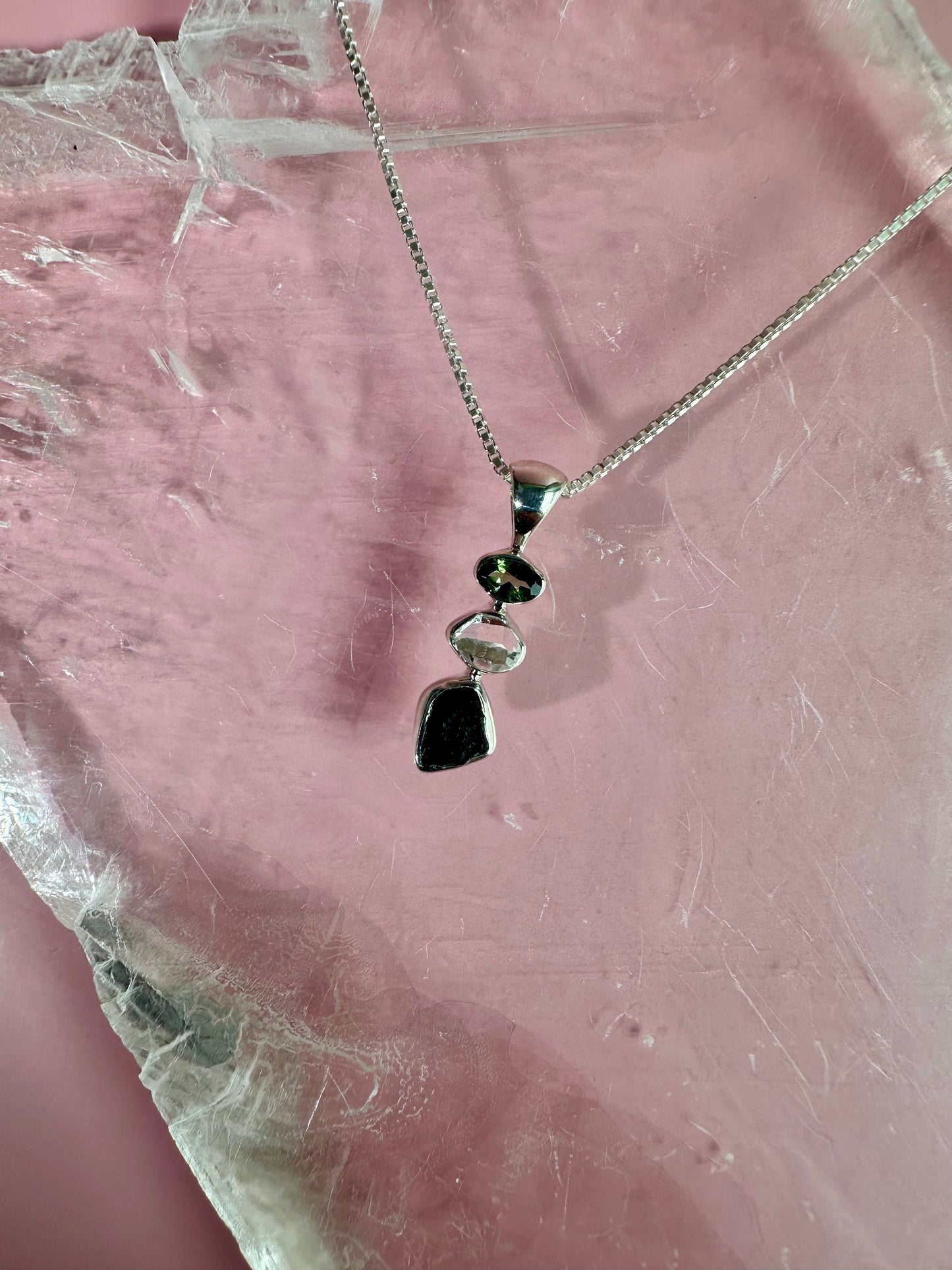 925 Sterling Silver Rough Black Tourmaline, Herkimer Diamond & Faceted Peridot Three-Stone Bezel Necklace