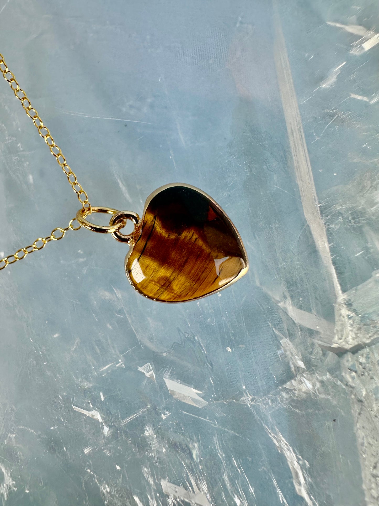 Brass Base with 18K Gold Tone Electroplated Finish Tiger’s Eye Heart Necklace