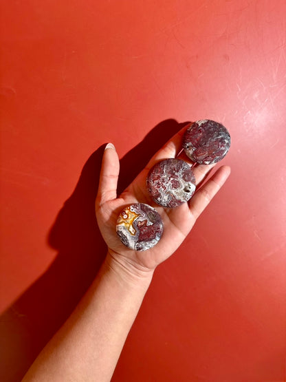 Red Crazy Lace Agate Round Flat Palm