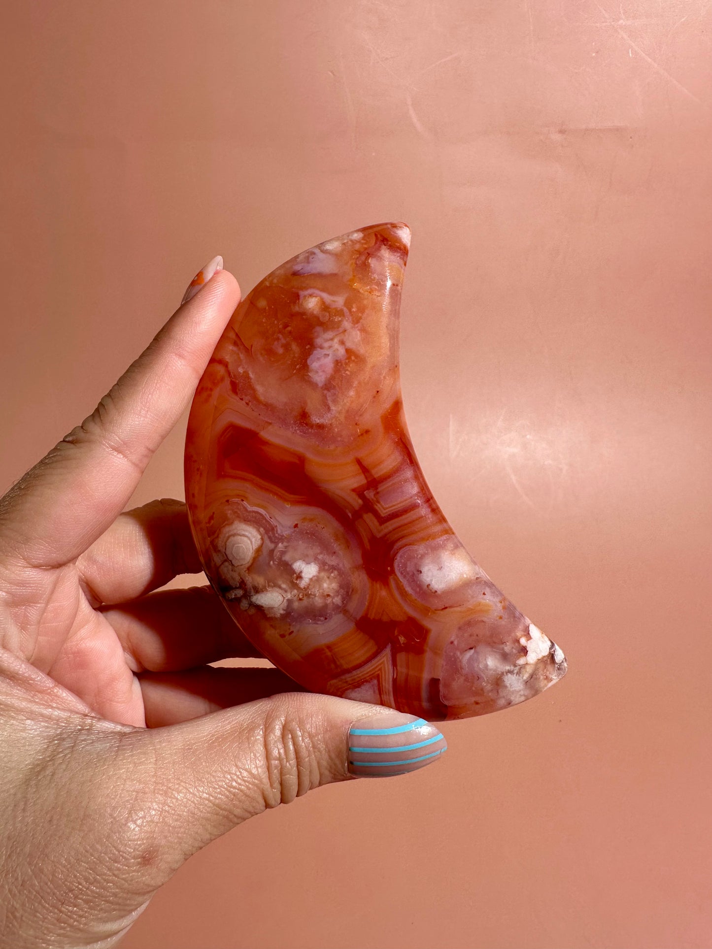 Carnelian Agate Crescent Moon on Black Stand – Option D | Empowerment, Passion & New Beginnings