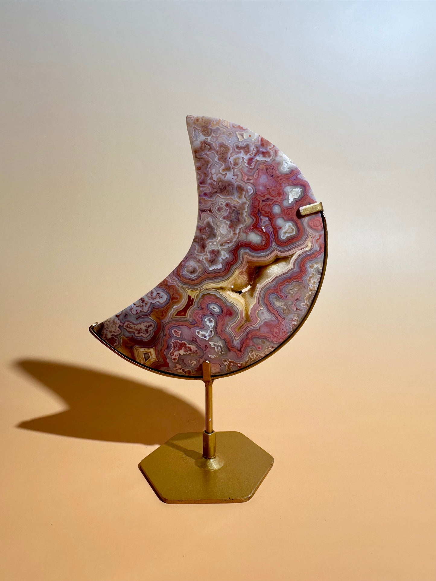 Pink Crazy Lace Agate Crescent Moon Carving – Option B | Positivity & Heart Healing Energy