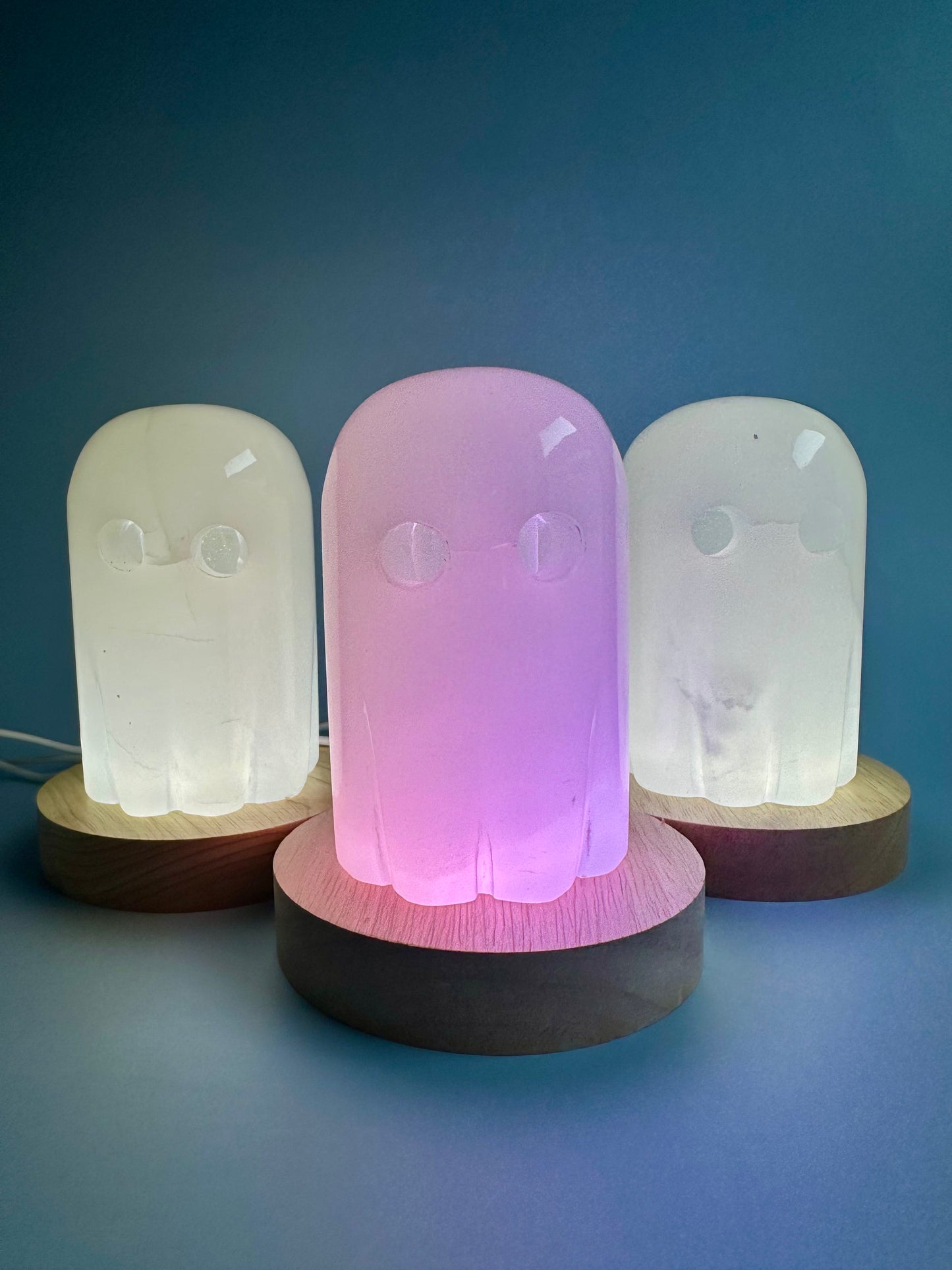 Hand-Carved Onyx Ghost Carving with Wooden Lamp Base – LED Color-Changing Light