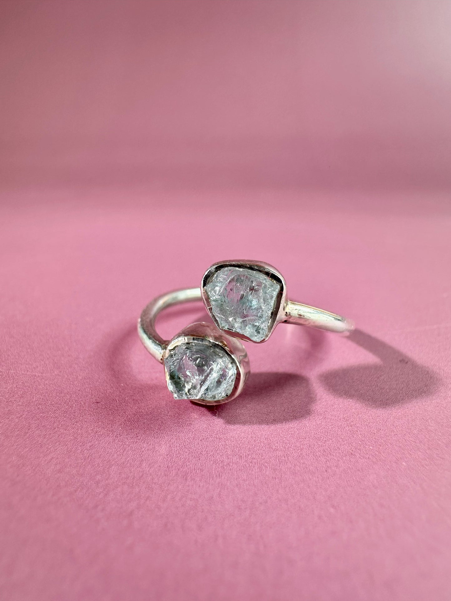 925 Sterling Silver Rough Aquamarine Bezel Two-Stone Adjustable Ring