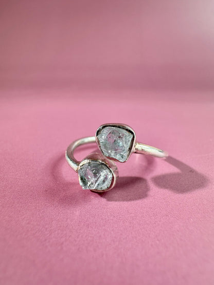 925 Sterling Silver Rough Aquamarine Bezel Two-Stone Adjustable Ring