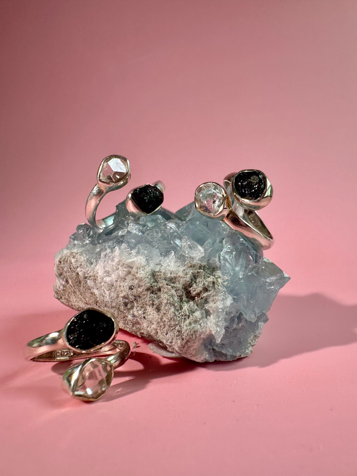 925 Sterling Silver Alma Toi et Moi Two-Stone Adjustable Rough Black Tourmaline & Herkimer Diamond Bezel Ring