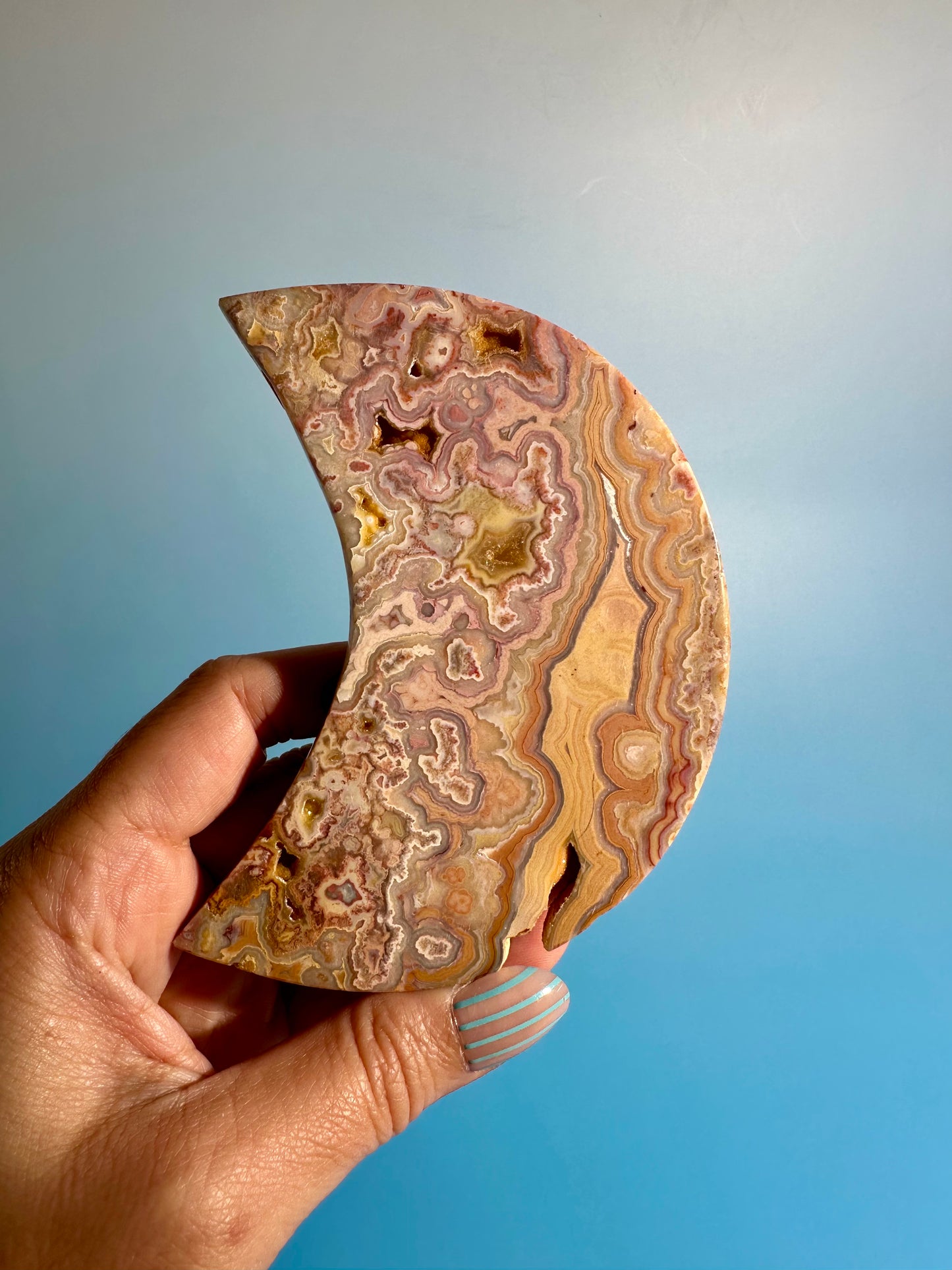 Pink Crazy Lace Agate Crescent Moon Carving – Option C | Harmony, Growth & Joyful Energy
