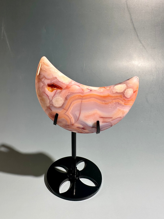 Carnelian Agate Crescent Moon on Black Stand – Option F | Passion, Optimism & Creativity Energy