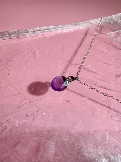 Sterling Silver Plated Amethyst Faceted Oval Drop Necklace