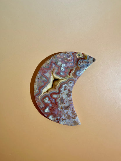 Pink Crazy Lace Agate Crescent Moon Carving – Option B | Positivity & Heart Healing Energy