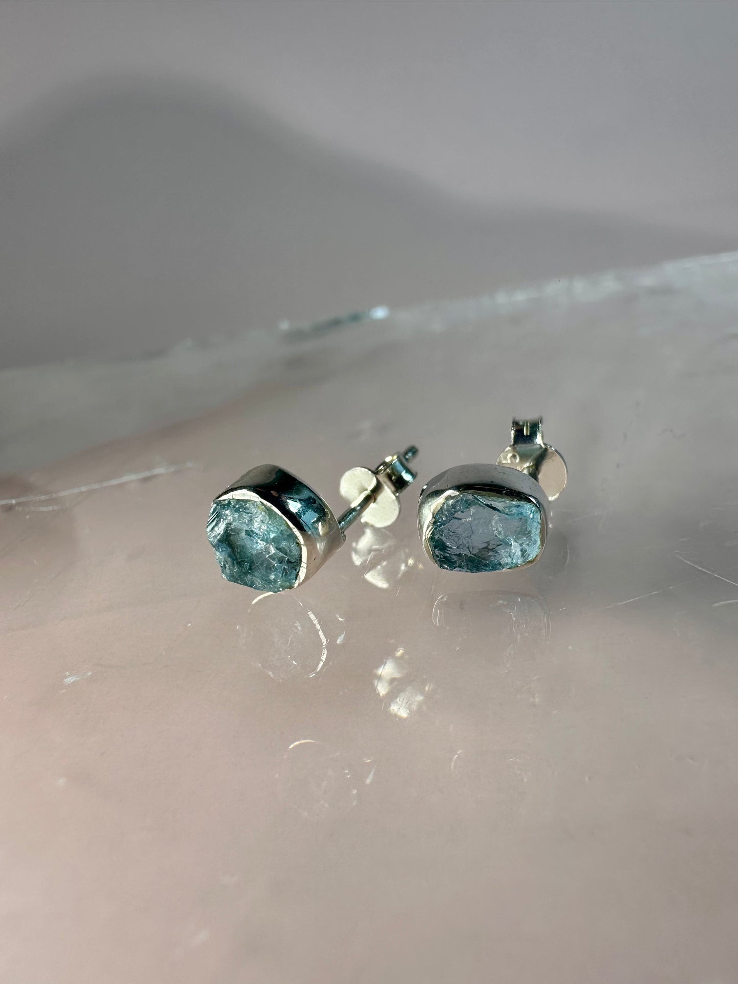 925 Sterling Silver Rough Aquamarine Bezel Stud Earrings