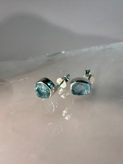 925 Sterling Silver Rough Aquamarine Bezel Stud Earrings