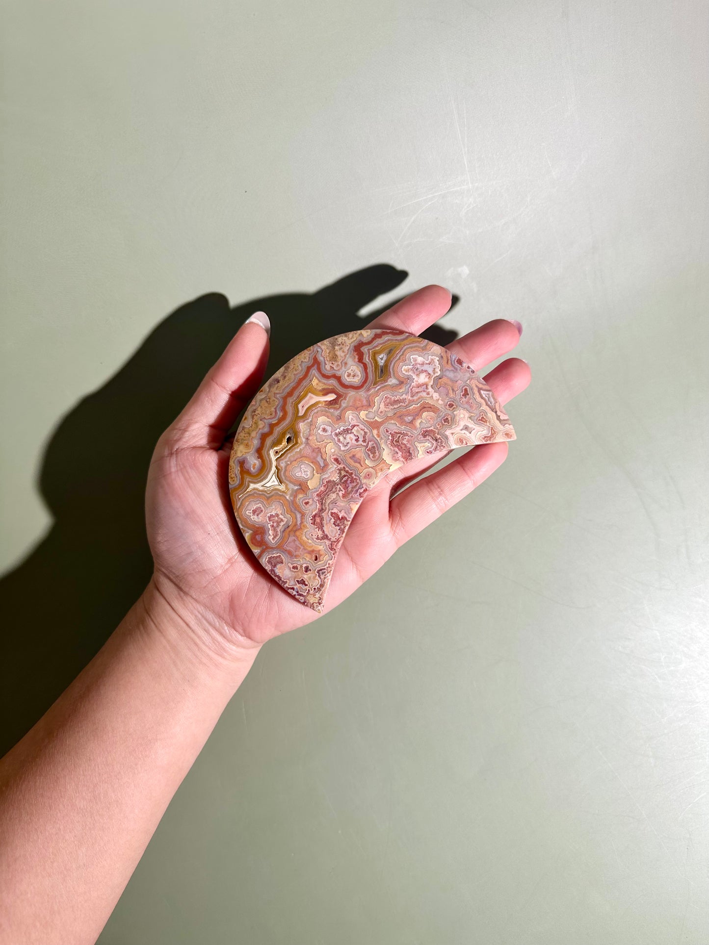 Pink Crazy Lace Agate Crescent Moon Carving – Option D | Joy, Emotional Balance & Lunar Energy