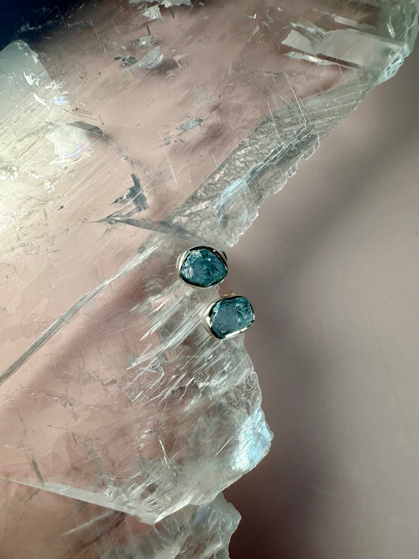 925 Sterling Silver Rough Aquamarine Bezel Stud Earrings